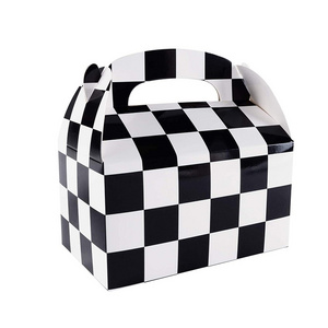 Black and White Checker Racing Flag Pennant Treat Gift Paper Cardboard Boxes with Handles for Crafts Candy Goodie