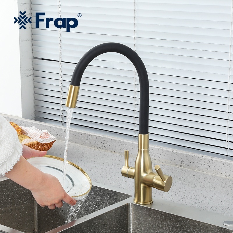 Matt Black Brushed gold kitchen tap Finished Solid Brass Sink Mounted Filter Kitchen Faucet F4396-3