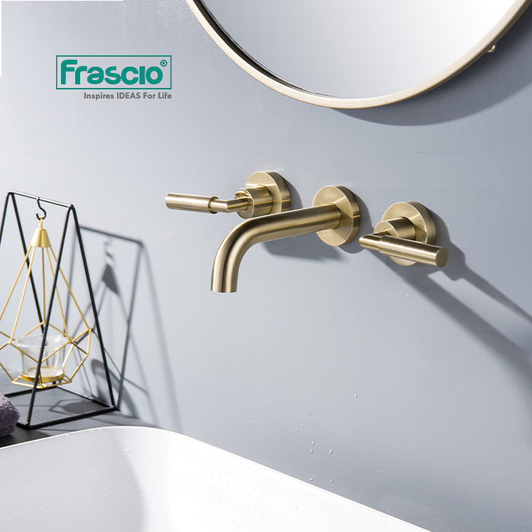 Frascio Concealed 3 Holes Brass Water Tap Design Basin Faucet By Wall Mounted In Gold Finish Two Handles Bathroom Sink Faucet