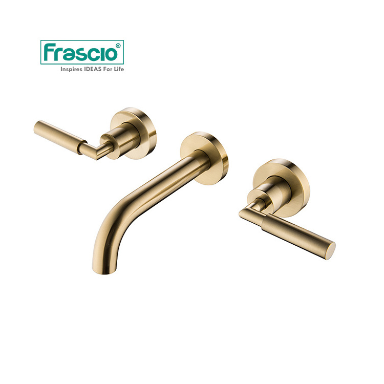 Frascio Concealed 3 Holes Brass Water Tap Design Basin Faucet By Wall Mounted In Gold Finish Two Handles Bathroom Sink Faucet