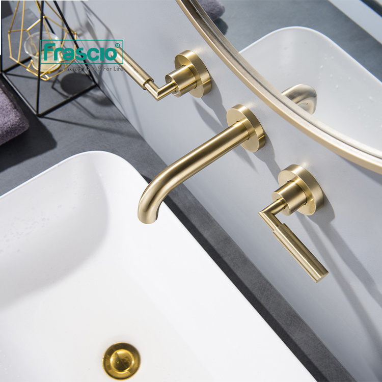 Frascio Concealed 3 Holes Brass Water Tap Design Basin Faucet By Wall Mounted In Gold Finish Two Handles Bathroom Sink Faucet