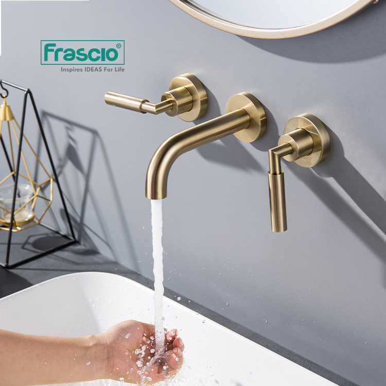 Frascio Concealed 3 Holes Brass Water Tap Design Basin Faucet By Wall Mounted In Gold Finish Two Handles Bathroom Sink Faucet