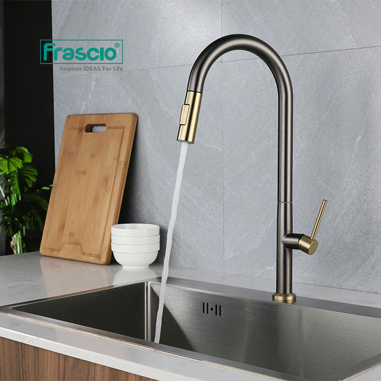 Frascio Stainless Steel 304 Sink Faucet High End Kitchen Sink Faucet Grey Gun With Brushed Gold Pull Out Kitchen Sink Faucets