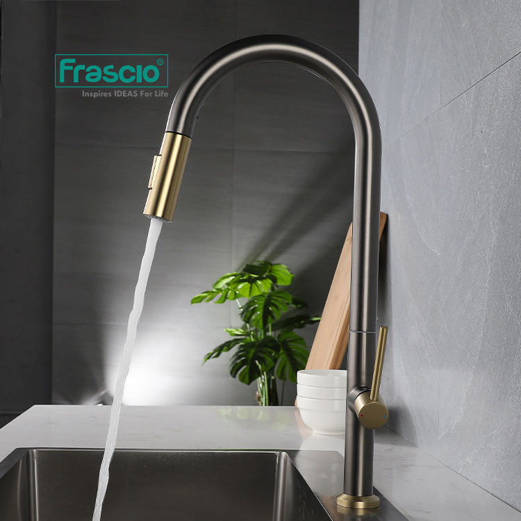 Frascio Stainless Steel 304 Sink Faucet High End Kitchen Sink Faucet Grey Gun With Brushed Gold Pull Out Kitchen Sink Faucets