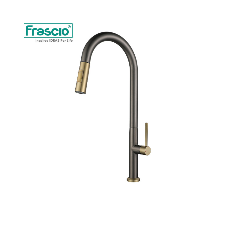 Frascio Stainless Steel 304 Sink Faucet High End Kitchen Sink Faucet Grey Gun With Brushed Gold Pull Out Kitchen Sink Faucets