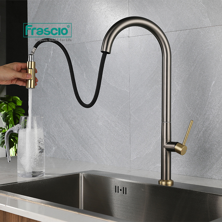 Frascio Stainless Steel 304 Sink Faucet High End Kitchen Sink Faucet Grey Gun With Brushed Gold Pull Out Kitchen Sink Faucets