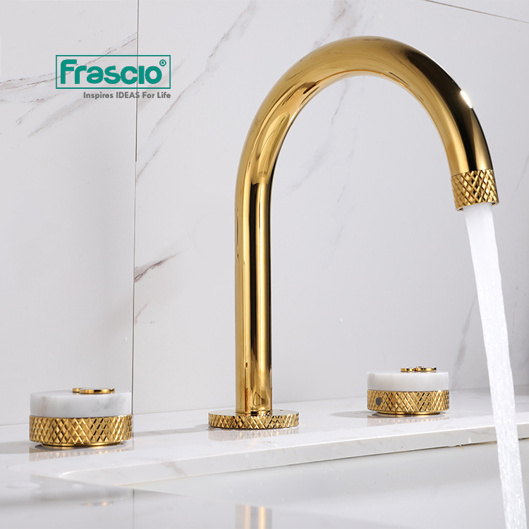 Frascio Luxury Quality Bathroom Sink Double Faucet Marble In Gold Color Two Handles With Knurling Design Marble 3 Hole Faucet