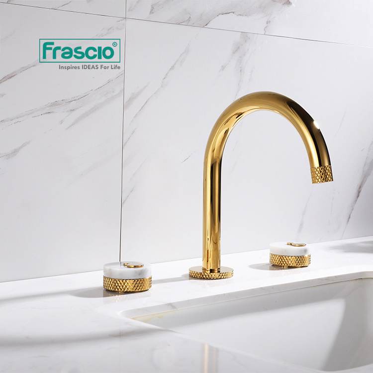 Frascio Luxury Quality Bathroom Sink Double Faucet Marble In Gold Color Two Handles With Knurling Design Marble 3 Hole Faucet