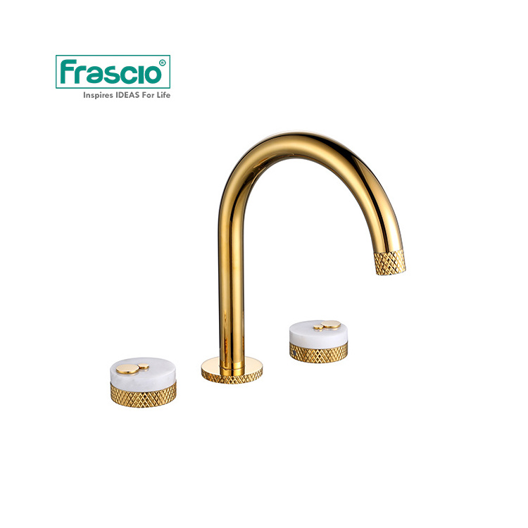 Frascio Luxury Quality Bathroom Sink Double Faucet Marble In Gold Color Two Handles With Knurling Design Marble 3 Hole Faucet