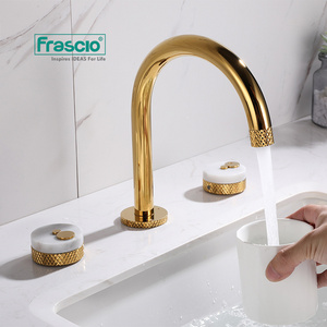 Frascio Luxury Quality Bathroom Sink Double Faucet Marble In Gold Color Two Handles With Knurling Design Marble 3 Hole Faucet