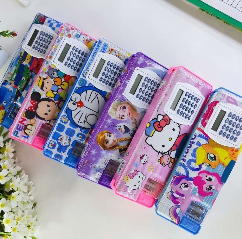 colorful kids pencils case with calculator sharperners