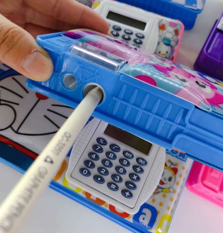 colorful kids pencils case with calculator sharperners