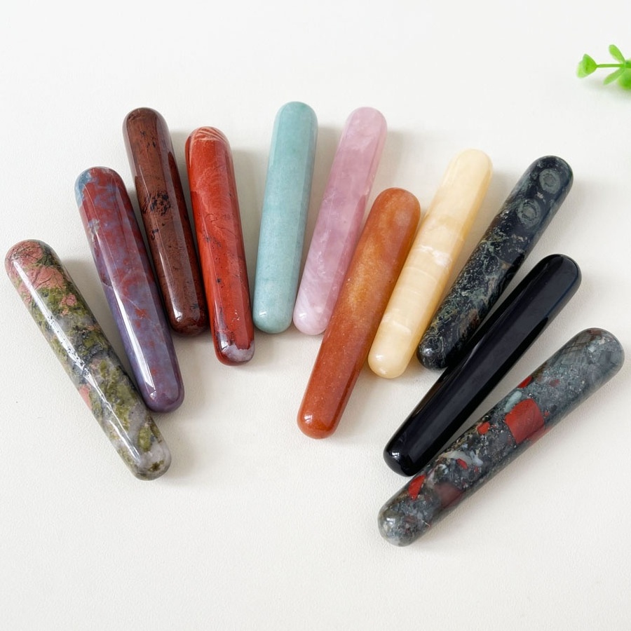 Natural Rose Quartz Crystal Massage Wand Mixed Healing Crystal Stones Massage Wand