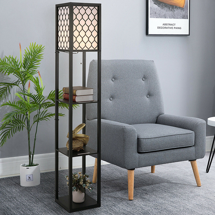 Floor Lamp with Shelves Modern Tall Lamps With White Shade Designer floor Lamps For Living Room Bedrooms Office-Black