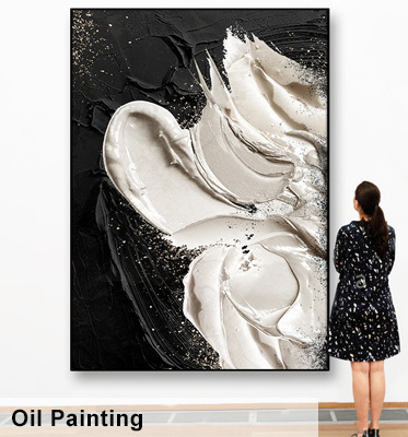 Modern 3D Texture White Minimalism Wall Art Decor White Abstract Black Canvas Painting for Home Living Room