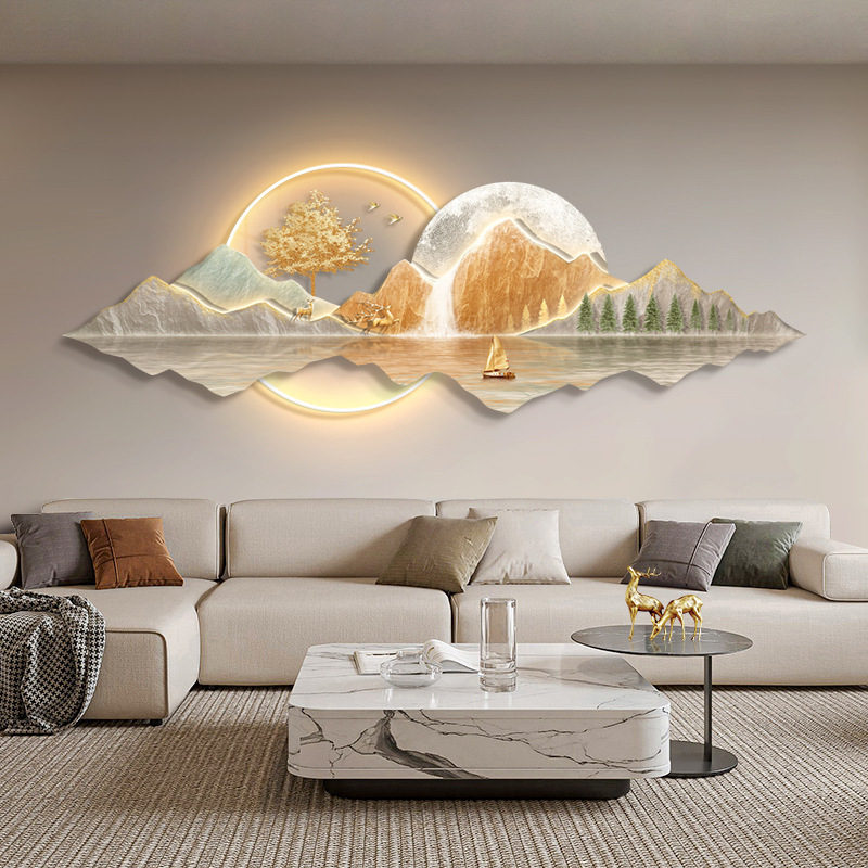 Light Luxury Landscape Crystal Porcelain Modern Glass Wall Paintings With Led Home Decor For Living Room