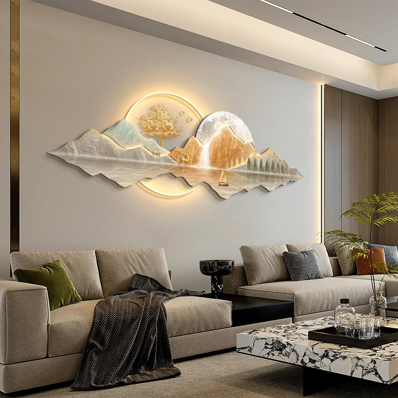 Light Luxury Landscape Crystal Porcelain Modern Glass Wall Paintings With Led Home Decor For Living Room