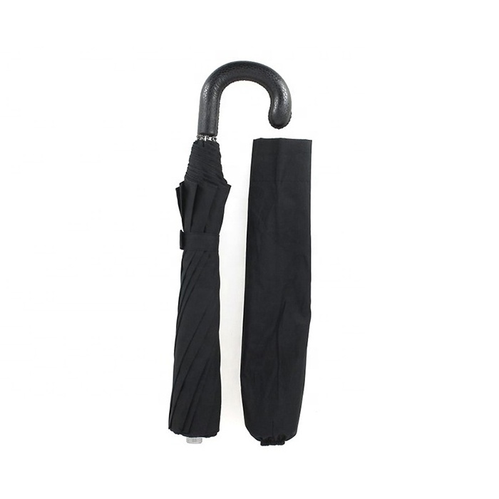 High Quality Custom Promotional Folding Umbrella For Man Crook Covered Handle With Black Leather