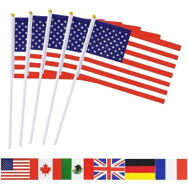 Promotional custom mini size gold top plastic hand waving stick flags for party