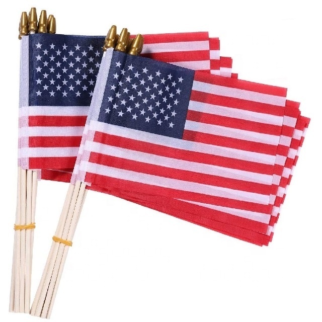 Promotional custom mini size gold top plastic hand waving stick flags for party