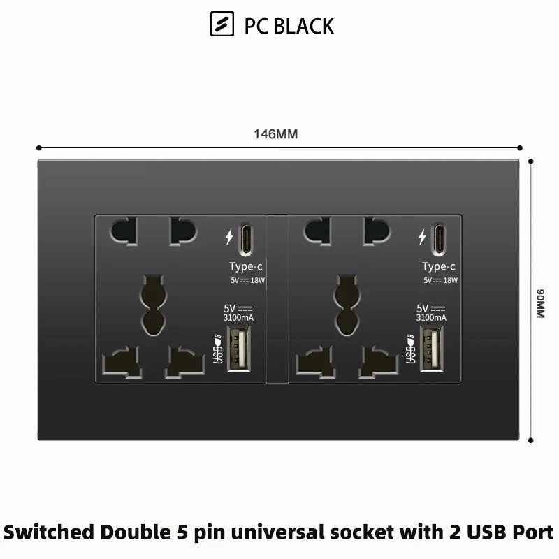 Black 13A Wall Socket with USB Type C 18W Quick Charge Plug Socket,Wall power outlet with USB charger, UK switch with socket