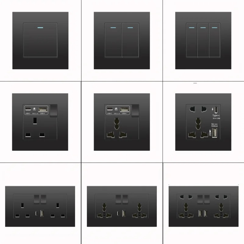 Black 13A Wall Socket with USB Type C 18W Quick Charge Plug Socket,Wall power outlet with USB charger, UK switch with socket