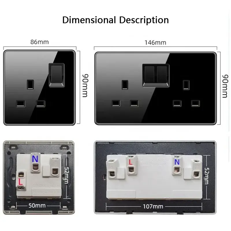 Tempered Glass Wall Light Switch Button Black UK Plug 13A Universal Wall Socket with Usb , UK switches and socket 220V