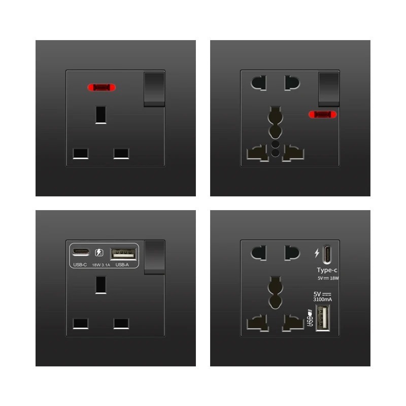 Black 13A Wall Socket with USB Type C 18W Quick Charge Plug Socket,Wall power outlet with USB charger, UK switch with socket