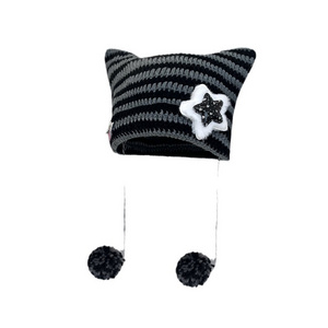 Cute Outdoor Winter Head Warmer Knitting Cat Ear Start Patch Label Embroidery Custom Beanie