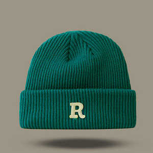 Fashion Green Plain Winter Hat 100% Wool Knit Beanies with Custom Embroidery Letter for Adult Knitted Hat Custom Color Female