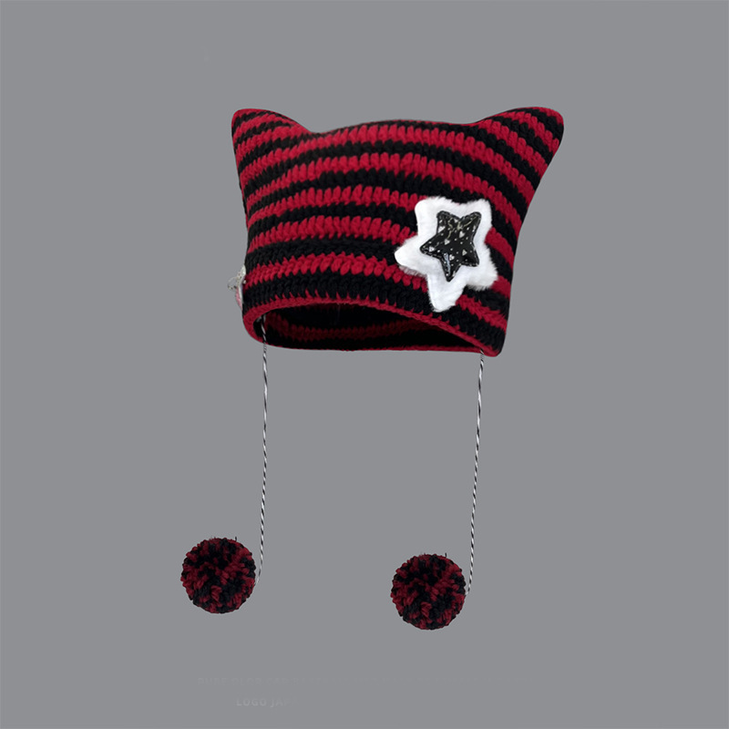 Cute Outdoor Winter Head Warmer Knitting Cat Ear Start Patch Label Embroidery Custom Beanie