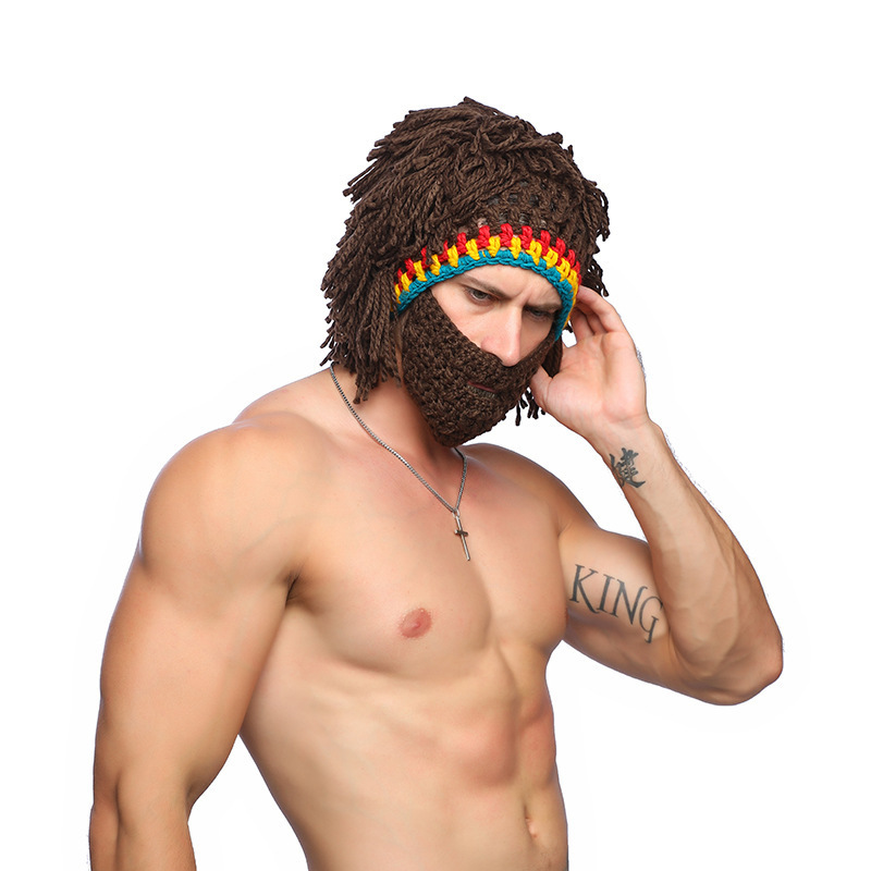 Wholesale  Winter Creative Barbarian Knit Beard Hat Wig Beanie Hat Funny Knit Hat Beard Facemask