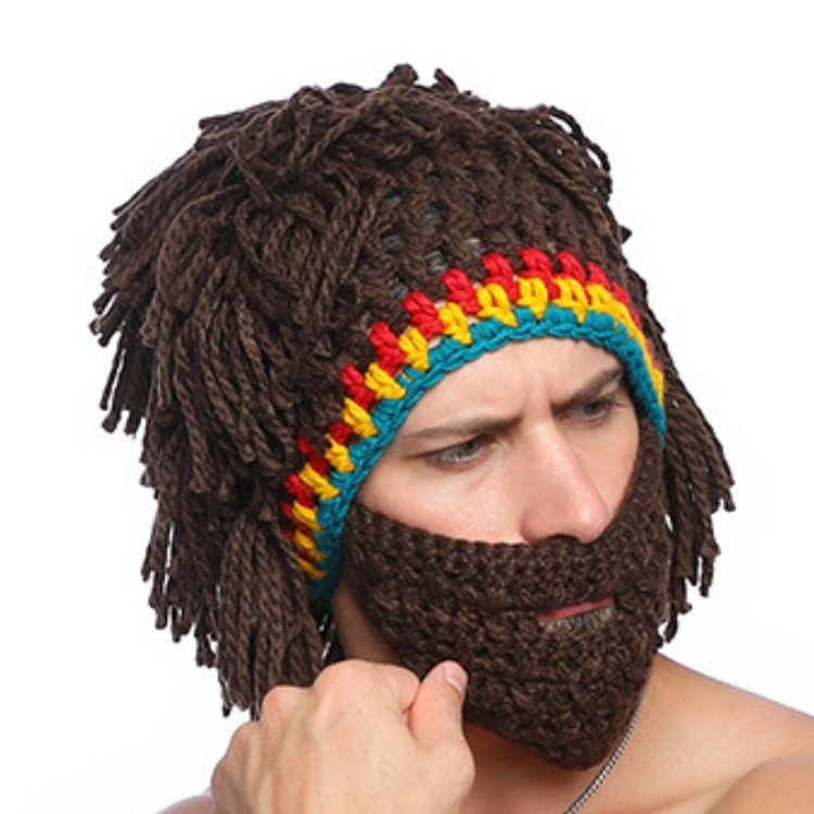 Wholesale  Winter Creative Barbarian Knit Beard Hat Wig Beanie Hat Funny Knit Hat Beard Facemask