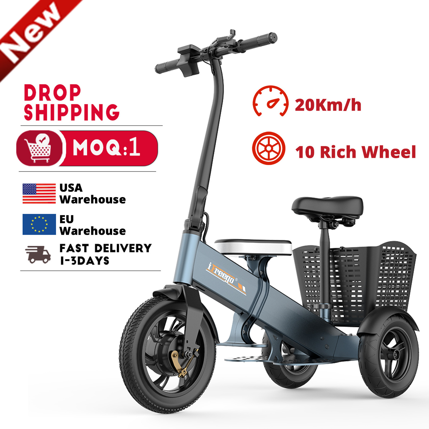 New design three wheel electric scooter 300w with seat 3 wheel mobility scooter