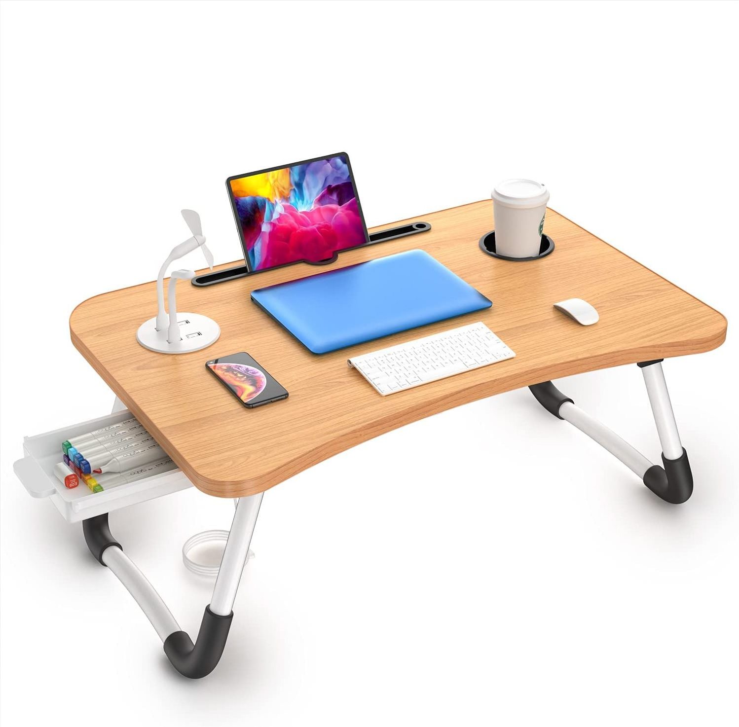 Bamboo Wooden Multi-Function Laptop Bed Table Stand Lap Desk with USB/Cup Holder for Bed Couch Sofa Folding Standing Laptop Desk