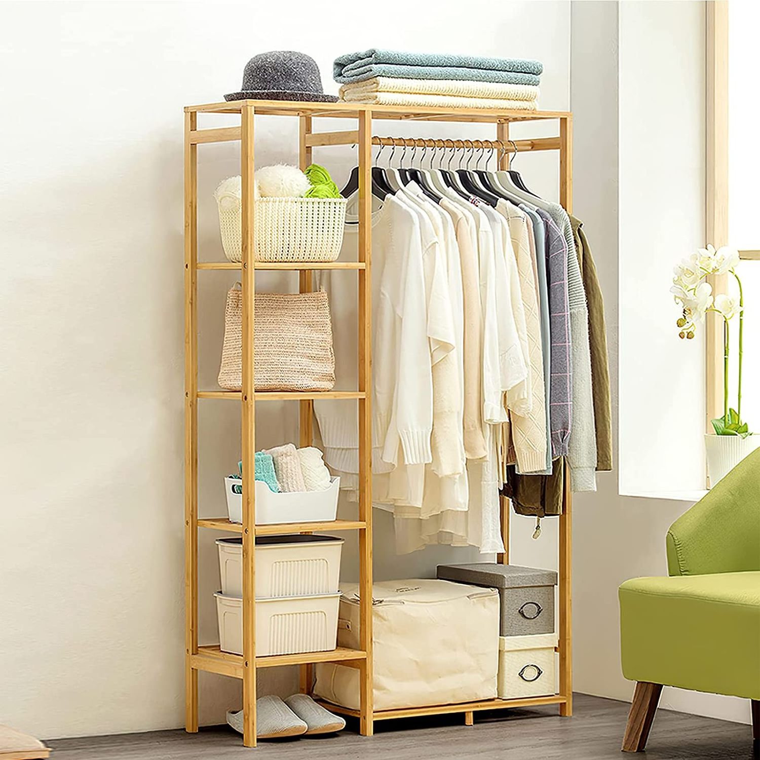 High Quality Bamboo 6 Tier Storage Shelf Wardrobe Storage Rack with Wheels Movable Clothing Storage Shelves Organizer