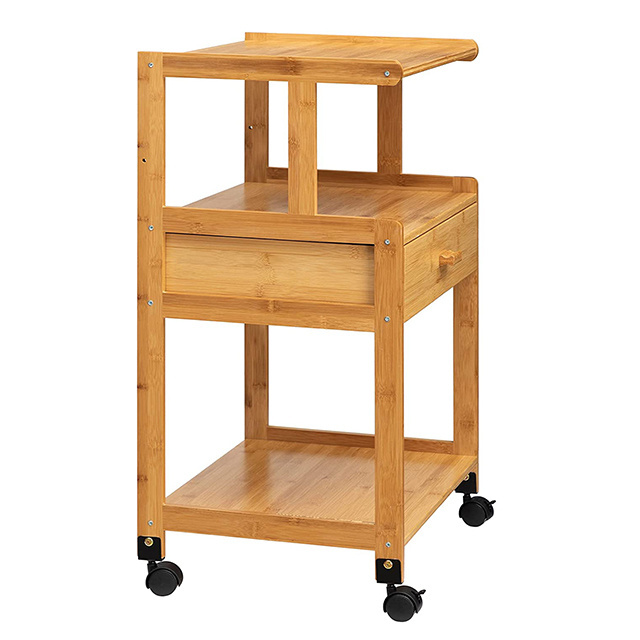 Rolling Cart with Wheels 3-Tier Printer Cart Side Table Home Office Organization Bamboo Printer Stand Holder with Drawer Shelf