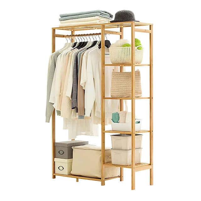 High Quality Bamboo 6 Tier Storage Shelf Wardrobe Storage Rack with Wheels Movable Clothing Storage Shelves Organizer