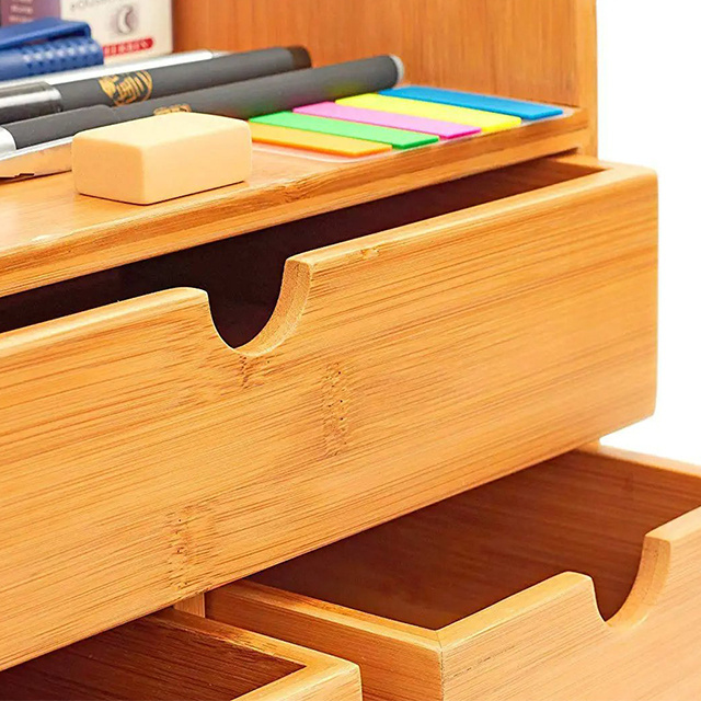 Natural Bamboo Wood Shelf Organizer for Desk with Drawers Multiple Usage Office Mini Desk Storage Tabletop Cleaner Organizer