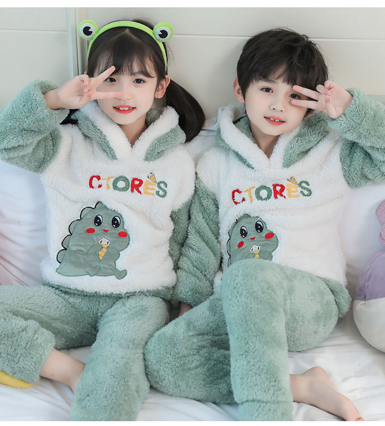 Winter Flannel Pajama Set Kid Thick Warm Plush Pyjama Girl Pijama Tercipelo Sleepwear With Hood Fleece Sleep Wear For Boy