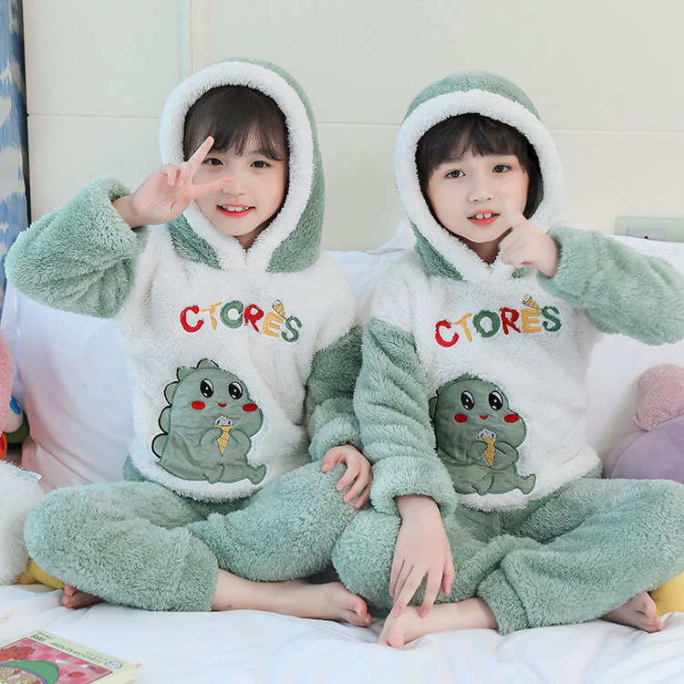 Winter Flannel Pajama Set Kid Thick Warm Plush Pyjama Girl Pijama Tercipelo Sleepwear With Hood Fleece Sleep Wear For Boy