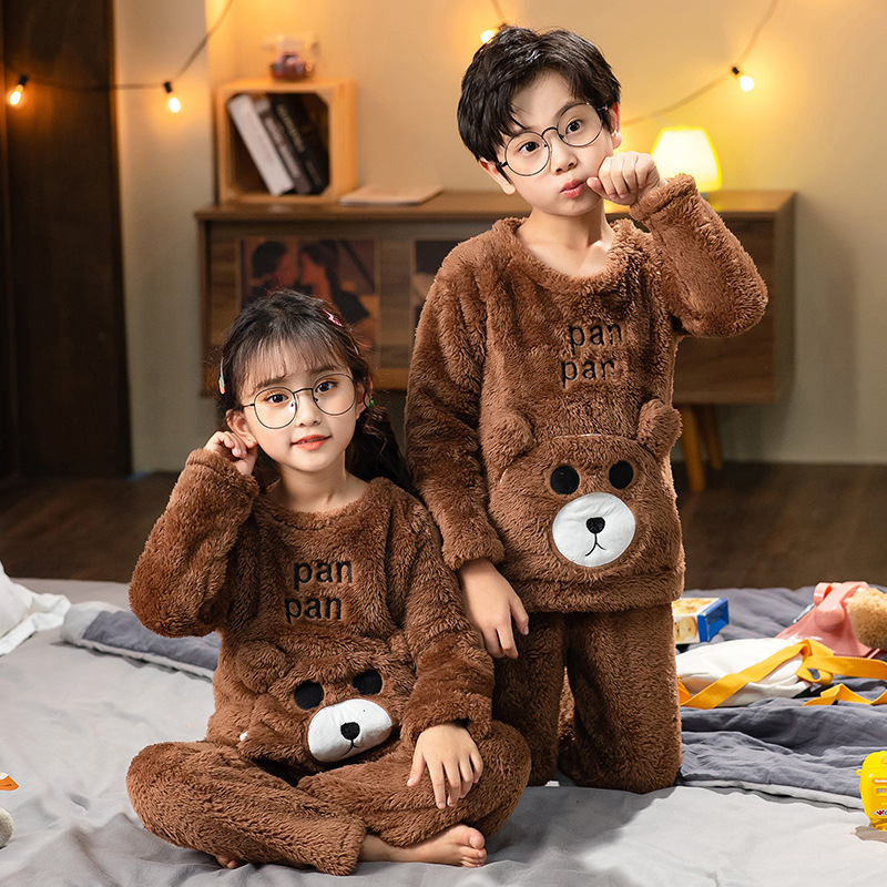 Winter Flannel Pajama Set Kid Thick Warm Plush Pyjama Girl Pijama Tercipelo Flannel Sleepwear Coral Fleece Sleep Wear For Boy