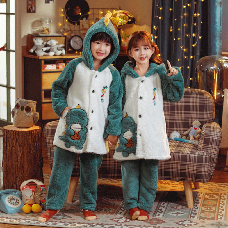 Winter Flannel Pajama Set Kid Thick Warm Two Pieces Pyjama Girl Pijama Tercipelo Sleepwear With Hood Fleece Sleep Wear For Boy