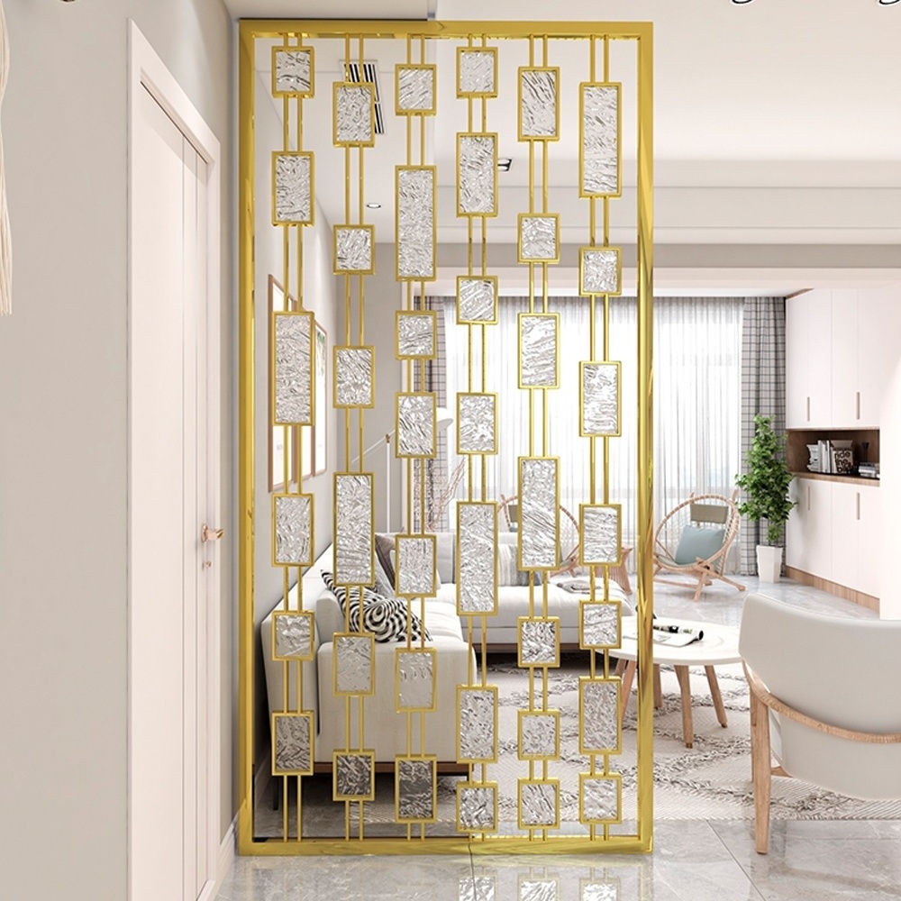 Reusable modern interior decorative wall panels partitions laser cut glass living room stainless steel decorative room divider