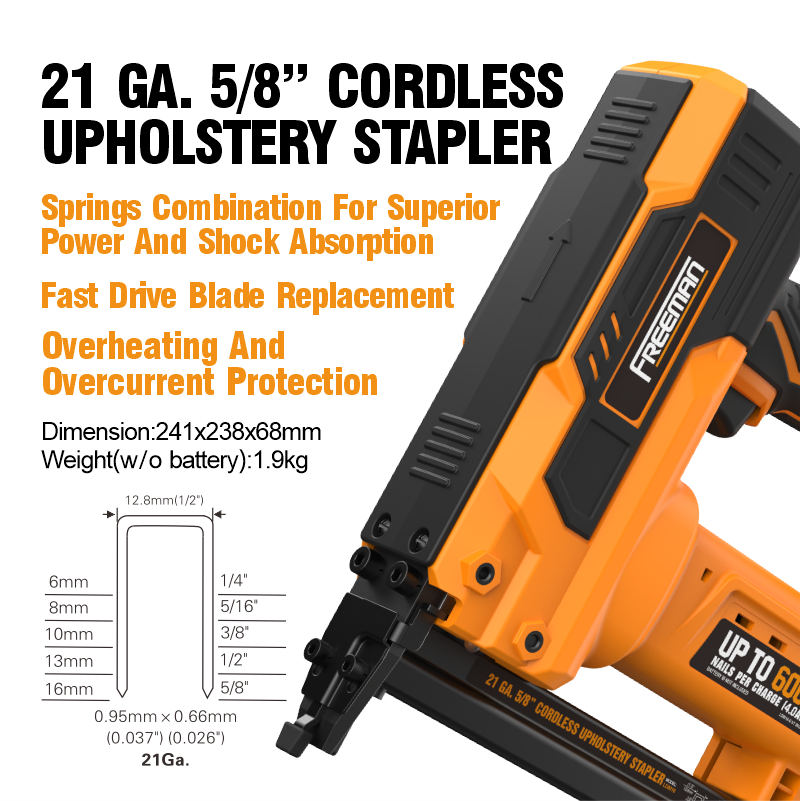 Freeman LD8016 21 Gauge 20V Lithium-Ion Battery Electric Cordless Upholstery Staple Gun for Wood