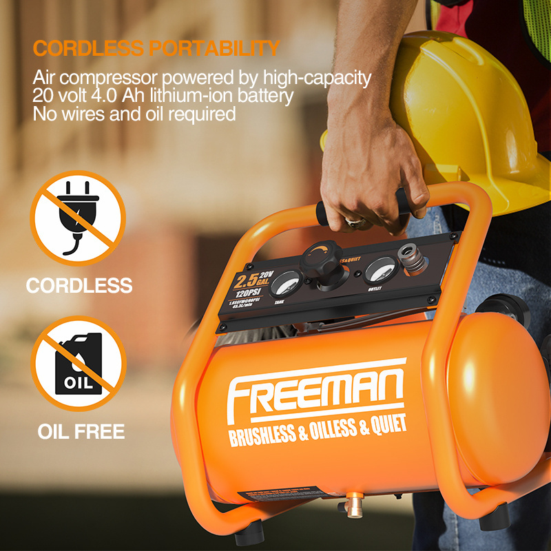 Freeman 2.5 Gallon 2/3 Horsepower Mini Portable 20V Li-ion Battery Cordless Oil-Free Quiet Air Compressor