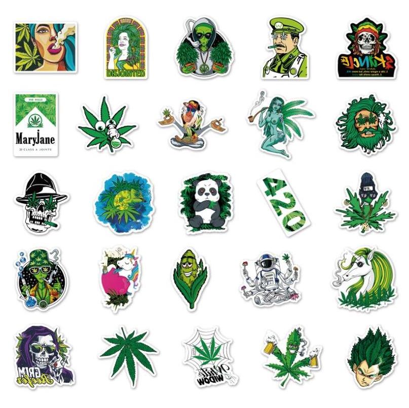 ZY1176C 50Pcs Weed Leaf Stickers Cute Waterproof Laptop Computer Skateboard Bicycle Luggage For Teen Kid Toys Decal