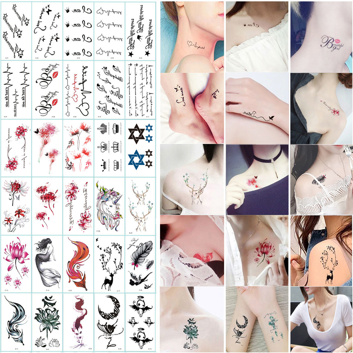 ZY1334C Custom Cute Cartoon Tattoo Stickers Korea Tattoo Flowers Eyebrows Butterfly English Star Waterproof Lasting Stickers