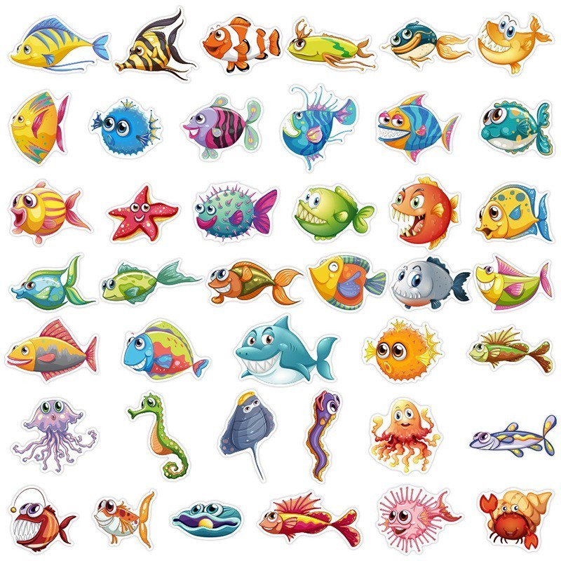 ZY2659X 50Pcs Ocean Fish Decorative Cartoon Stickers For Teen Laptop Skateboard Luggage Guitar Scrapbook Art Vinyl Sticker