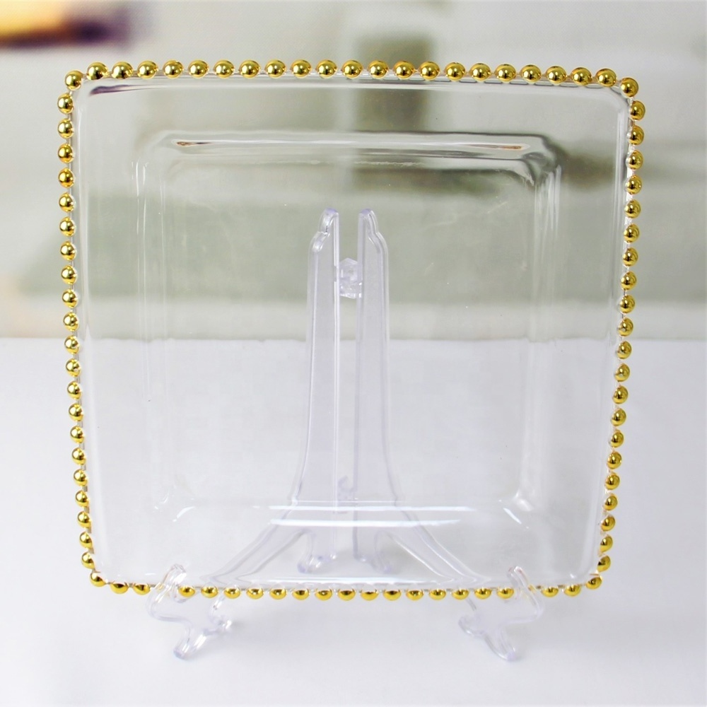 custom large square gold rim beaded transparent glass fruit charger plates dishes